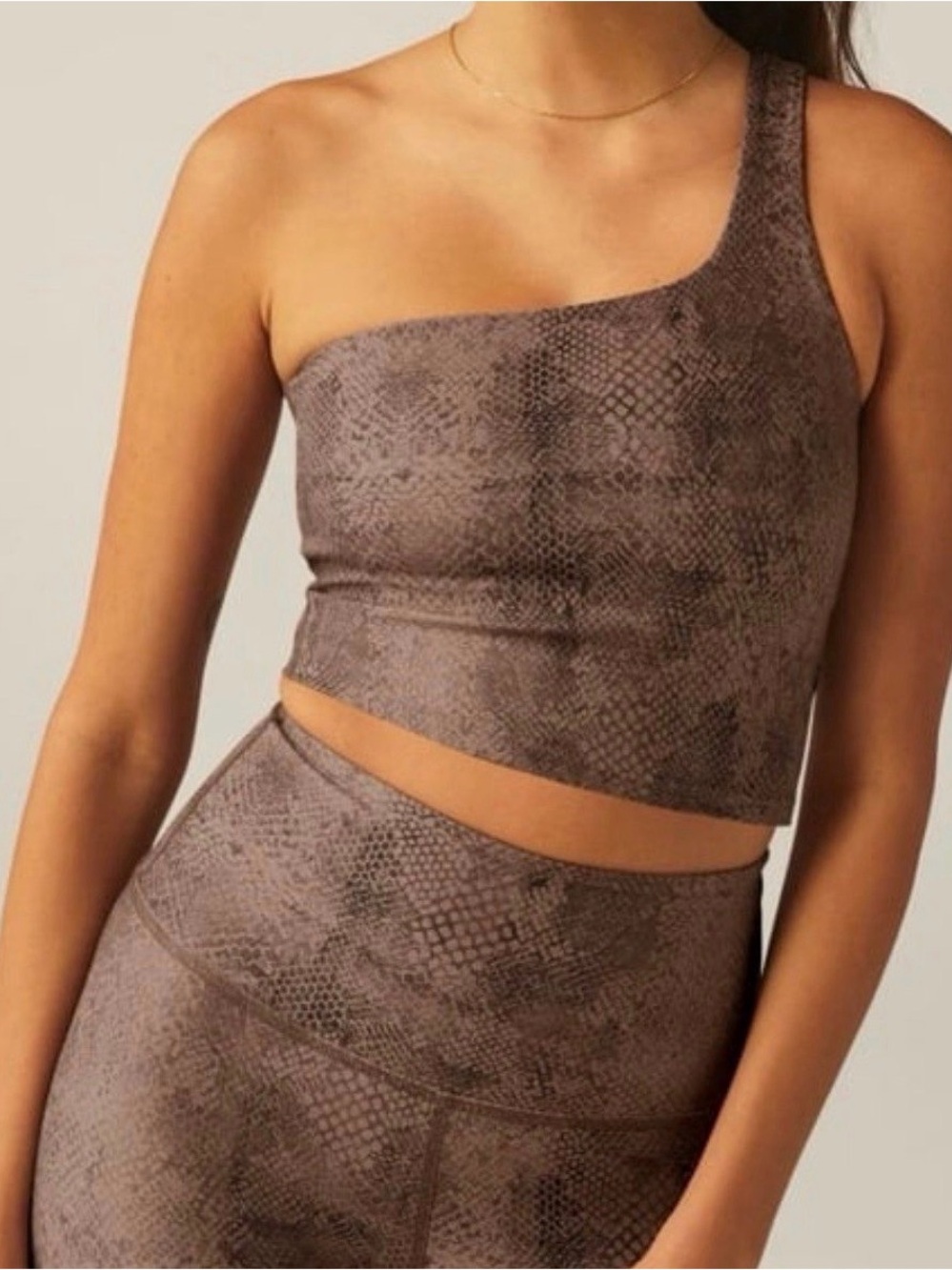Beyond Yoga One-Shoulder Crop Top in Taupe Snake Print